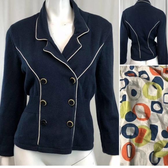 Anthropologie Sparrow Navy Knit Double Breasted Blazer Jacket medium - Picture 2 of 5